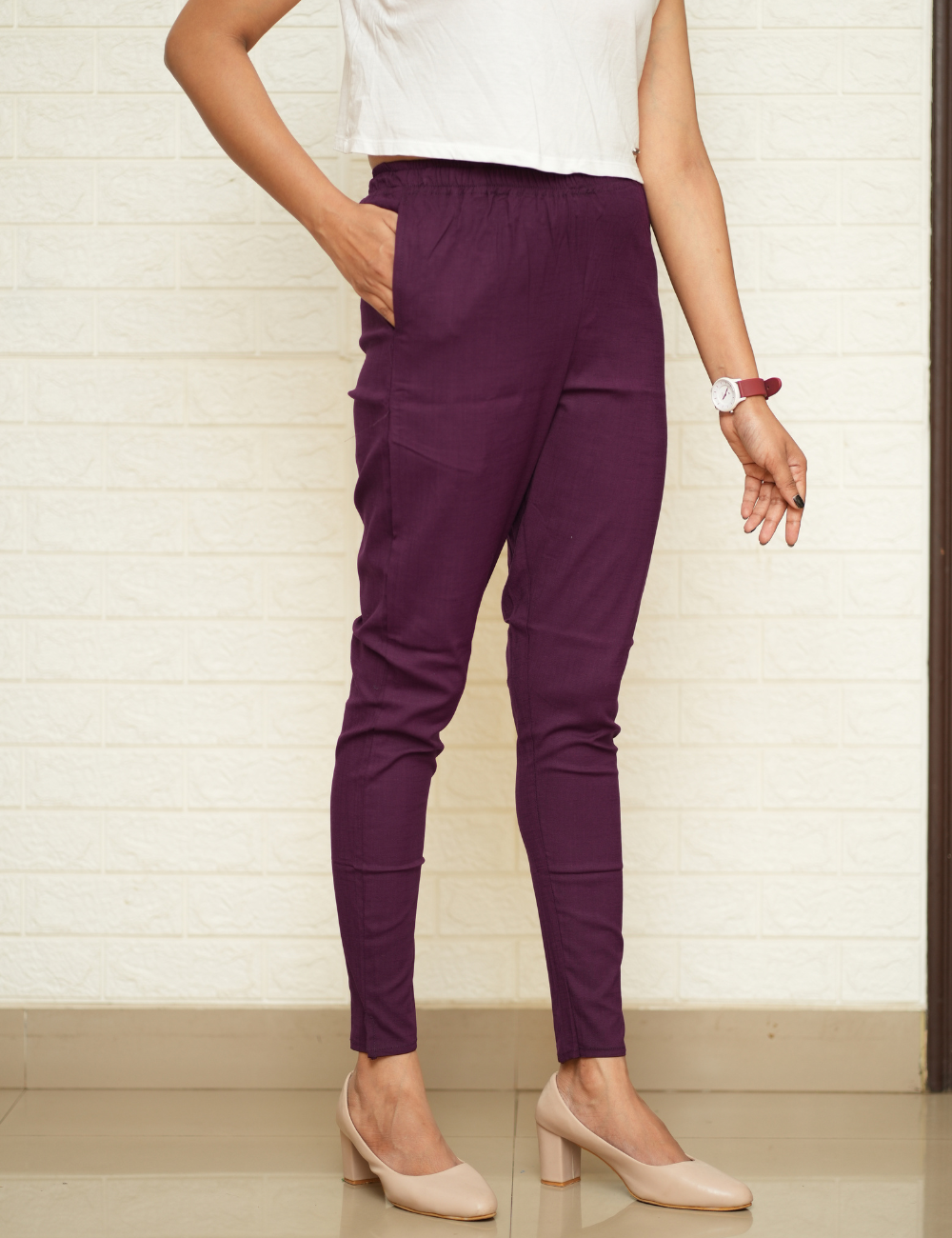 Women Purple Cotton Lycra Pant