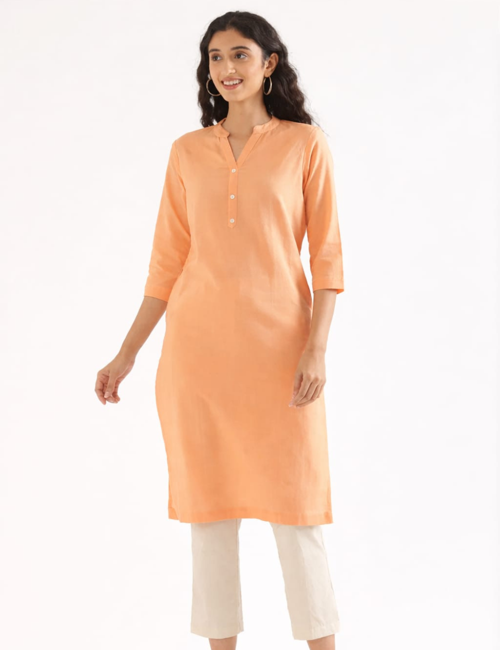 Women Peach Airy Linen Long Kurta