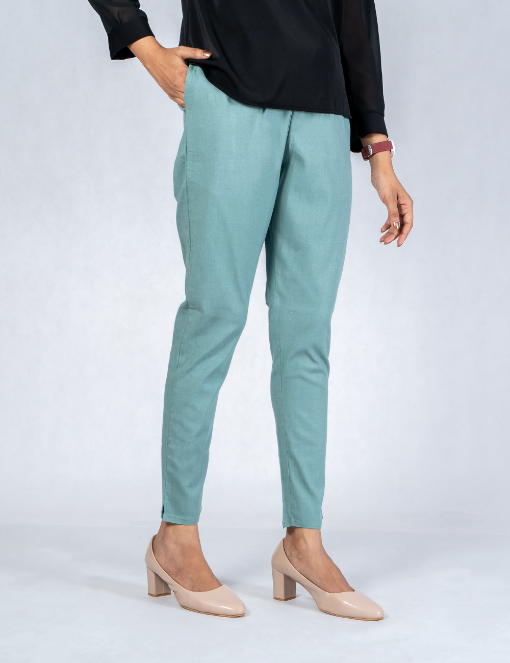Women Teal Cotton Lycra Pant