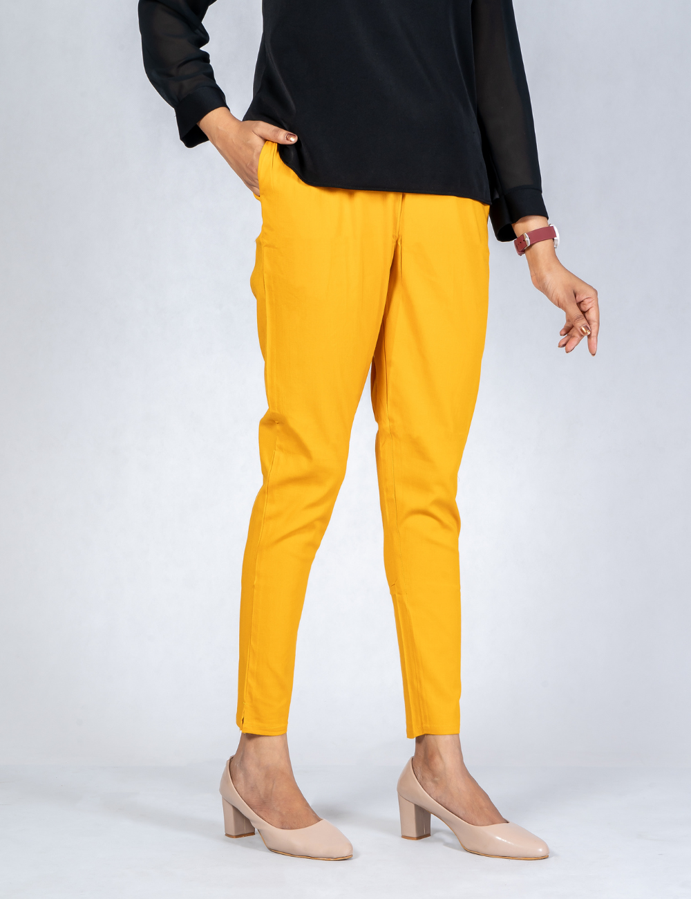 Women Mustard Cotton Lycra Pant
