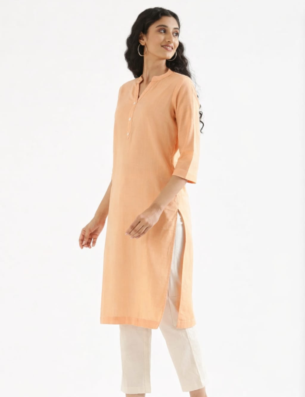 Women Peach Airy Linen Long Kurta