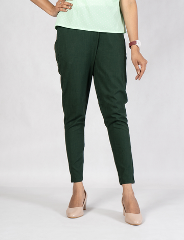 Women Bottle Green Cotton Lycra Pant