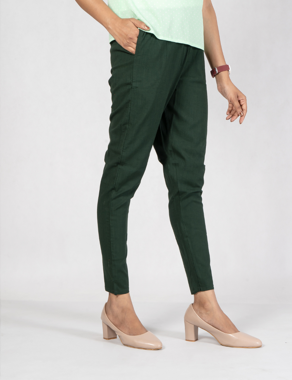 Women Bottle Green Cotton Lycra Pant