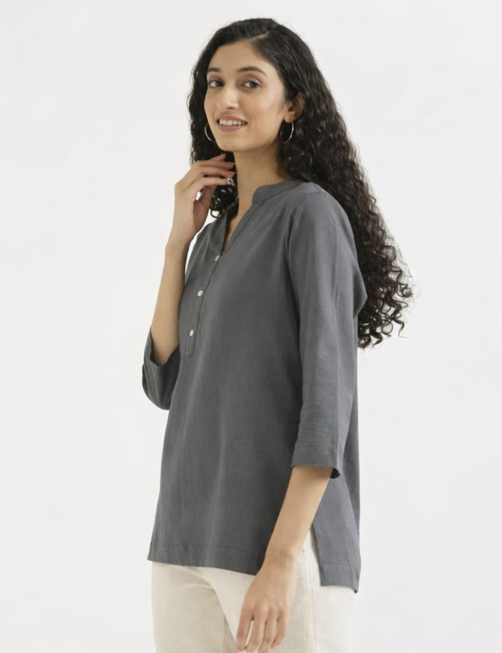 Womem Grey Airy Linen Short Kurta