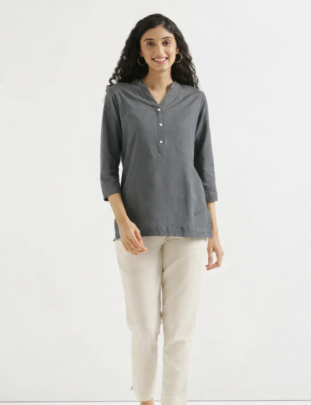 Womem Grey Airy Linen Short Kurta
