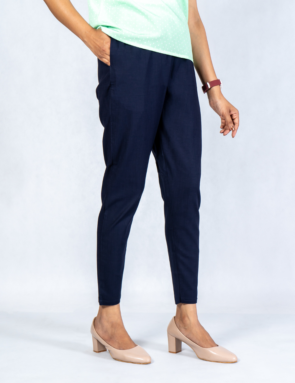 Women Navy Blue Cotton Lycra Pant
