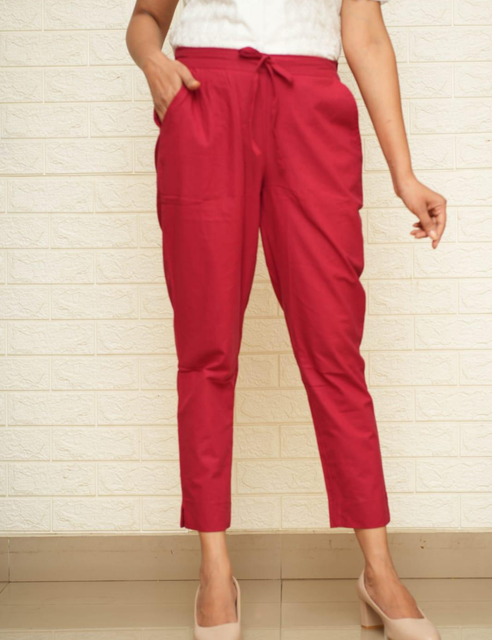 Women Wine Cotton Pants