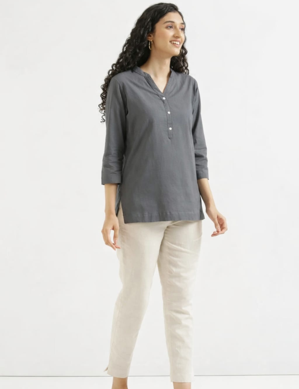 Womem Grey Airy Linen Short Kurta
