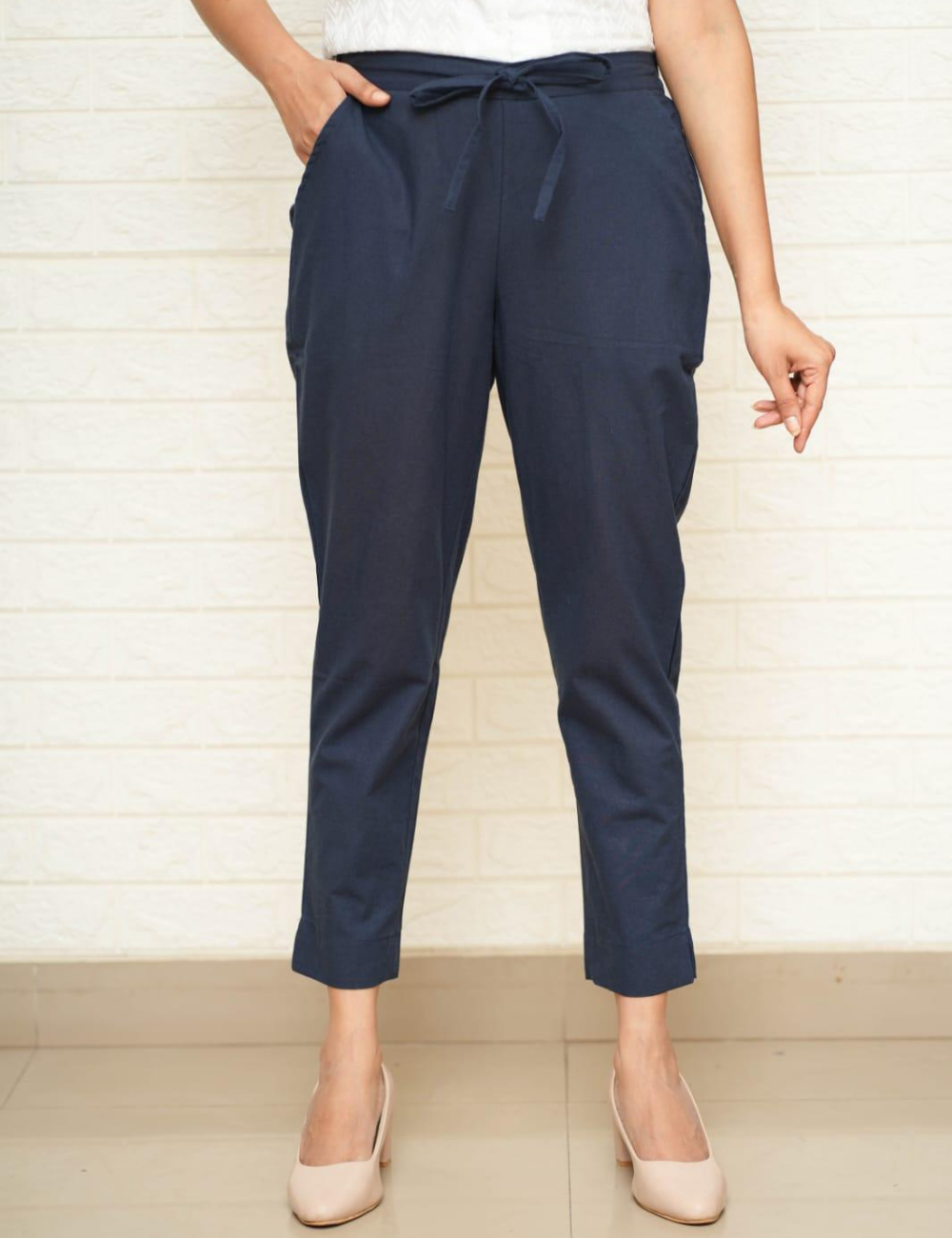 Women Navy Blue Cotton Pant