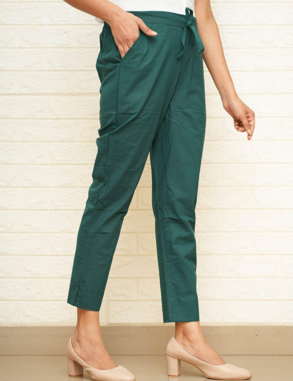 Women Bottle Green Cotton Pant