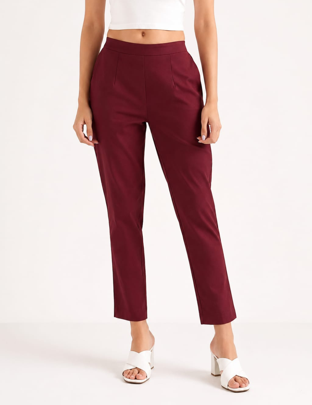 Women Wine Cotton Straight Pant