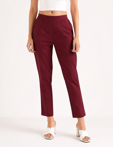 Women Wine Cotton Straight Pant