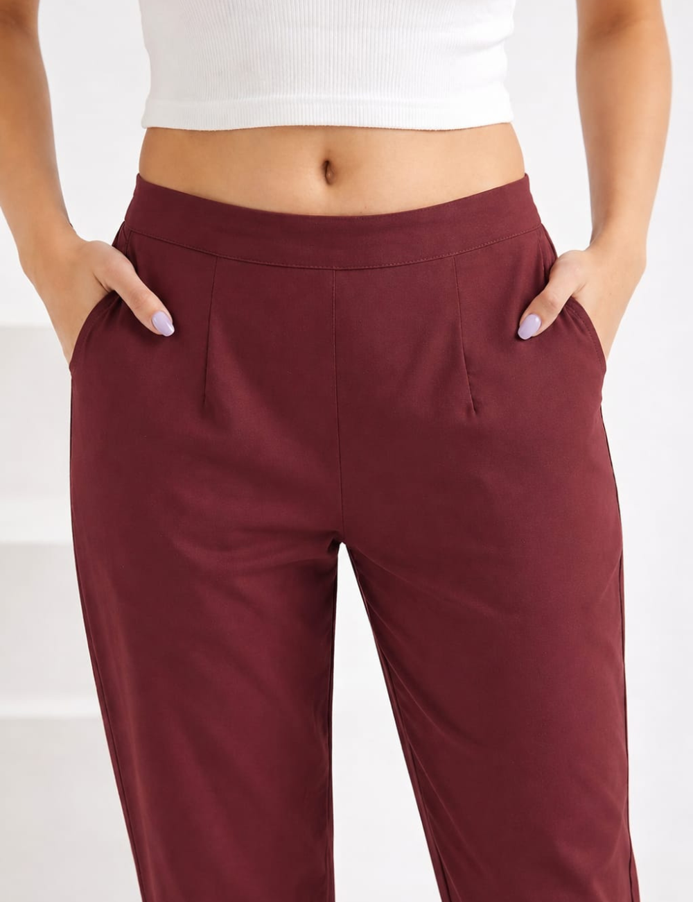 Women Wine Cotton Straight Pant