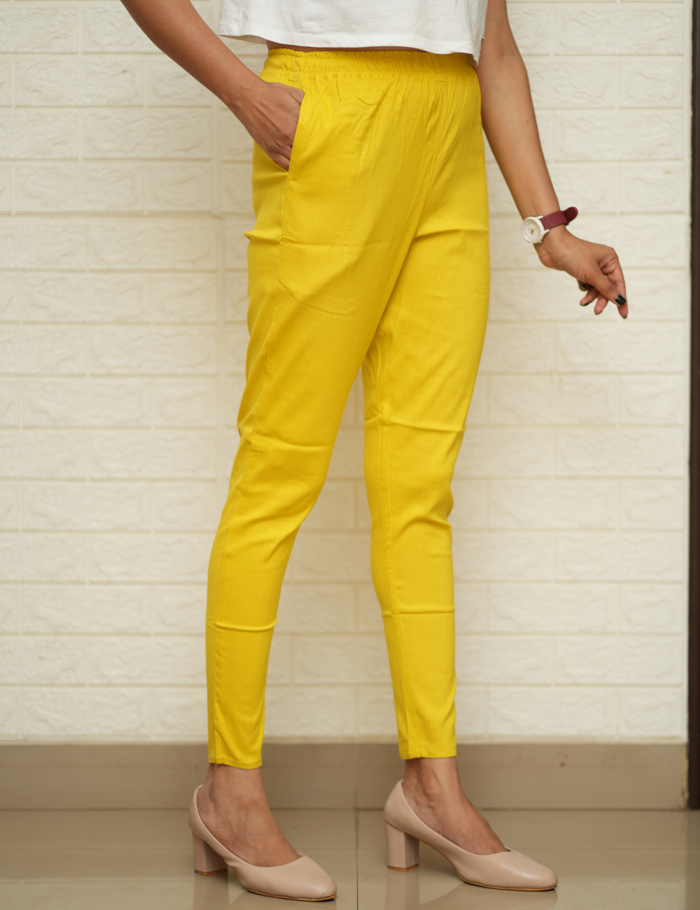 Women Florescent Yellow Cotton Lycra Pant