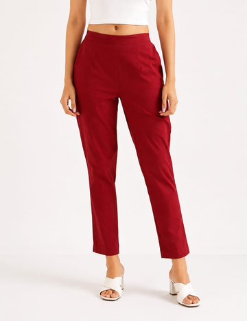 Women Maroon Cotton Straight Pant