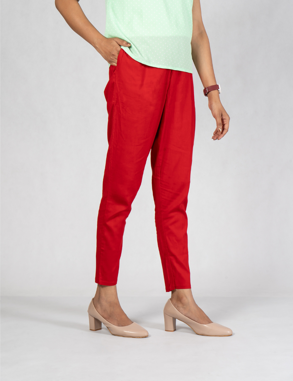 Women Red Cotton Lycra Pant