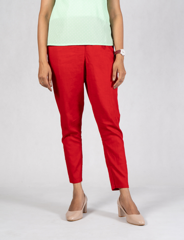 Women Red Cotton Lycra Pant