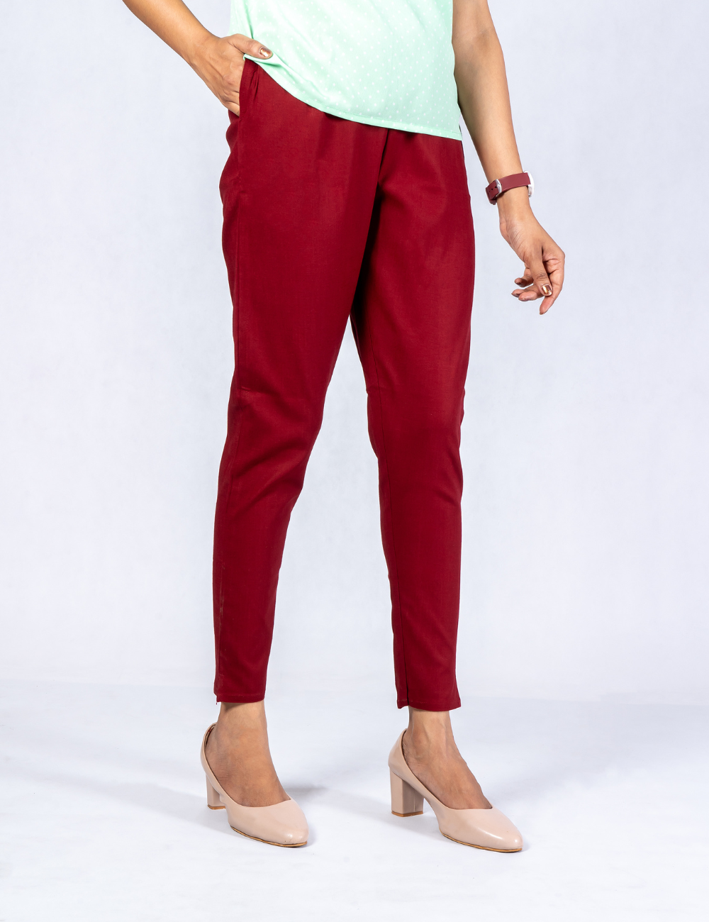 Women Maroon Cotton Lycra Pant