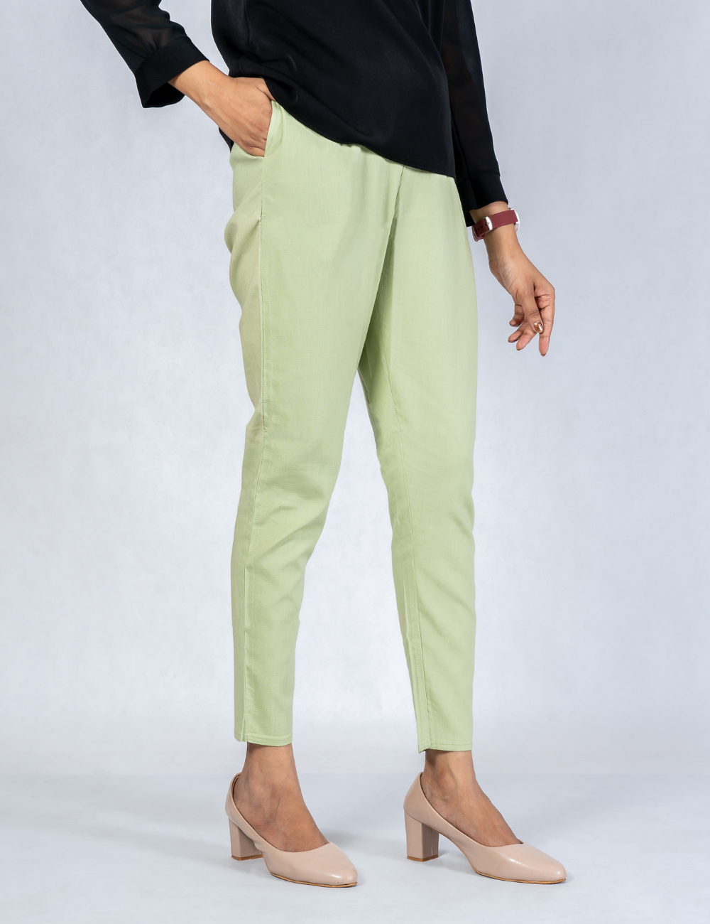 Women Pista Green Cotton Lycra Pant