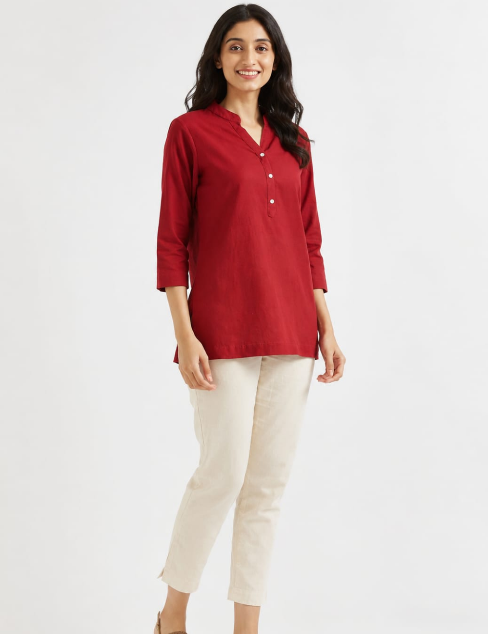 Womem Maroon  Airy Linen Short Kurta