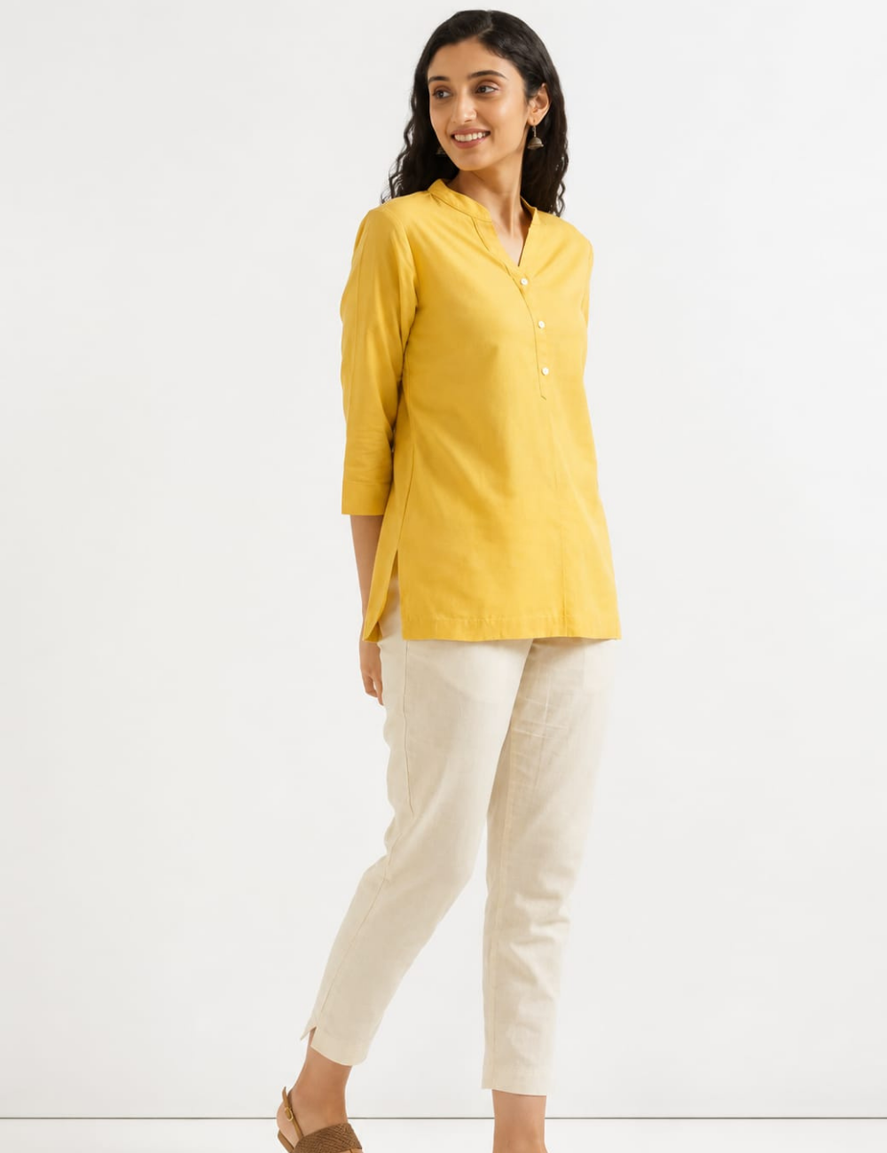 Womem Yellow Airy Linen Short Kurta