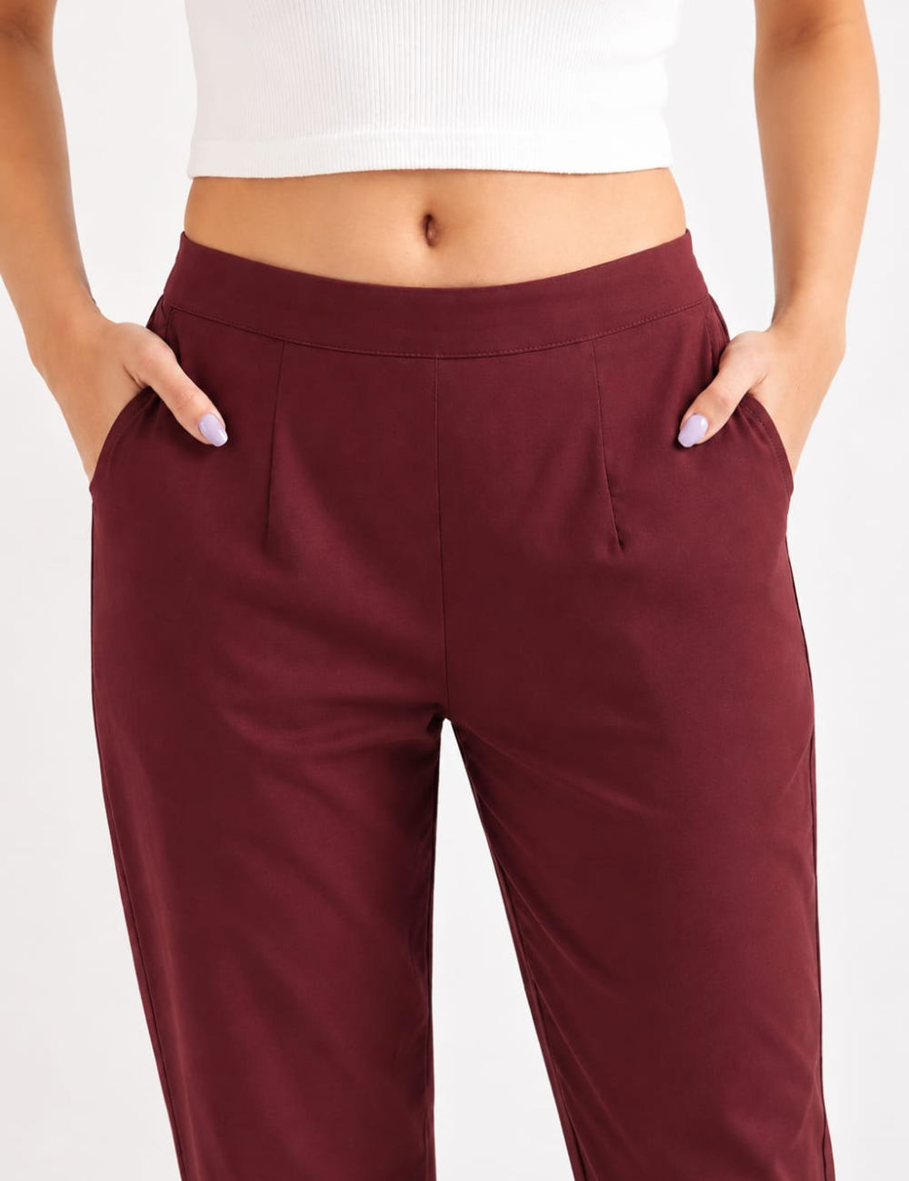 Women Wine Cotton Straight Pant