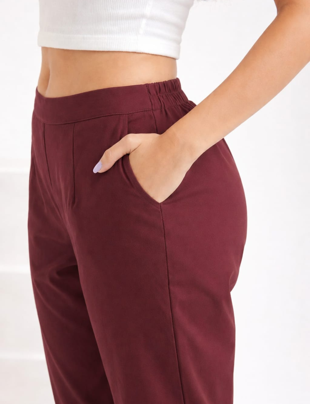 Women Wine Cotton Straight Pant