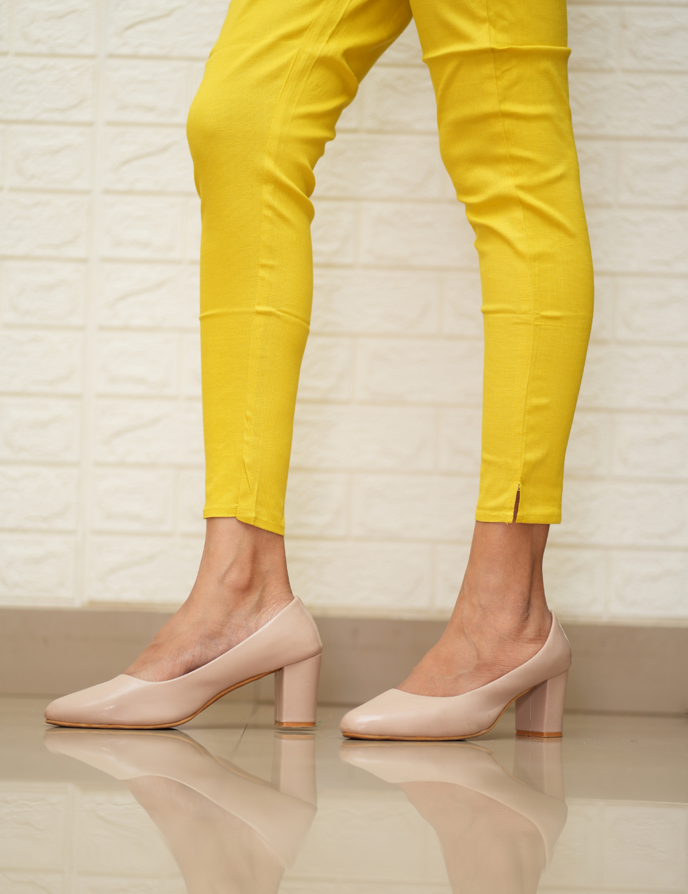 Women Florescent Yellow Cotton Lycra Pant