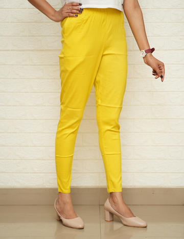 Women Florescent Yellow Cotton Lycra Pant