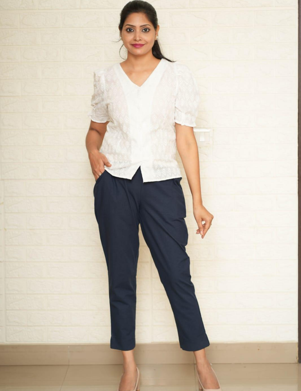 Women Navy Blue Cotton Pant