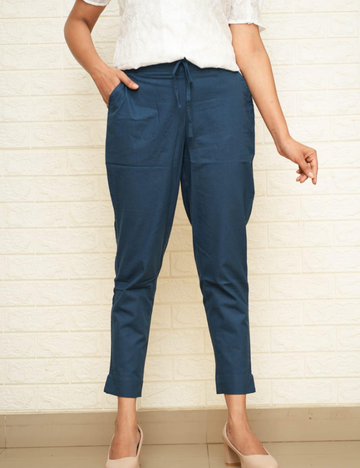 Women Peacock Blue Cotton Pant