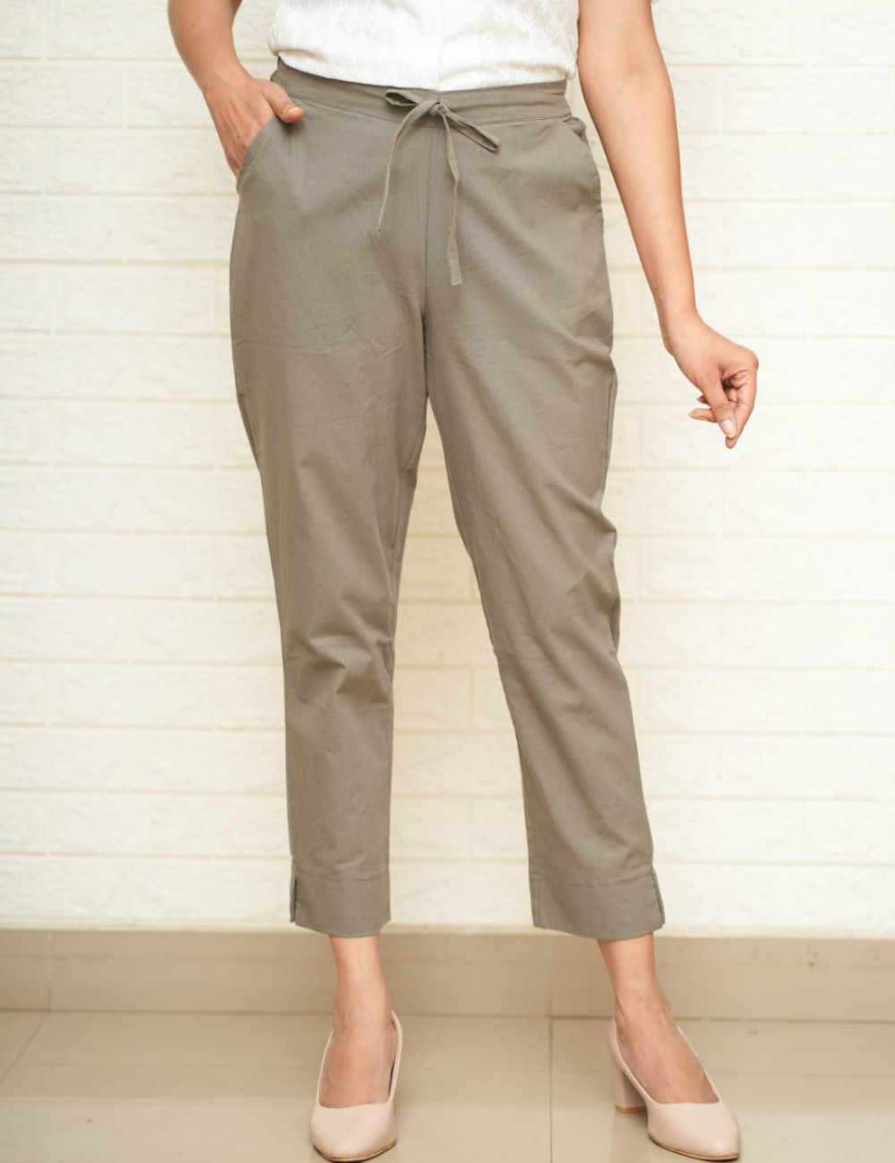 Women Cement Grey Cotton Pants