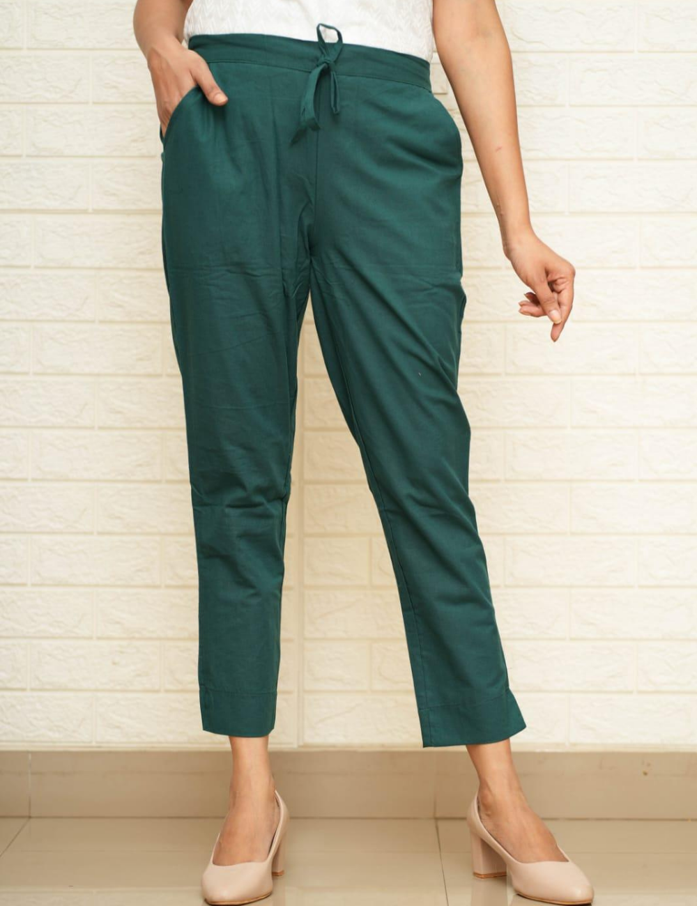 Women Bottle Green Cotton Pant