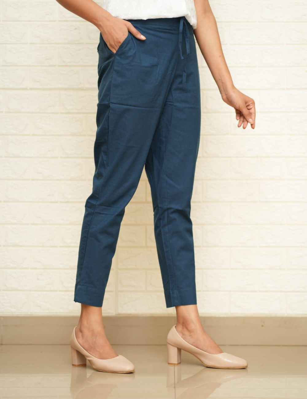 Women Peacock Blue Cotton Pant
