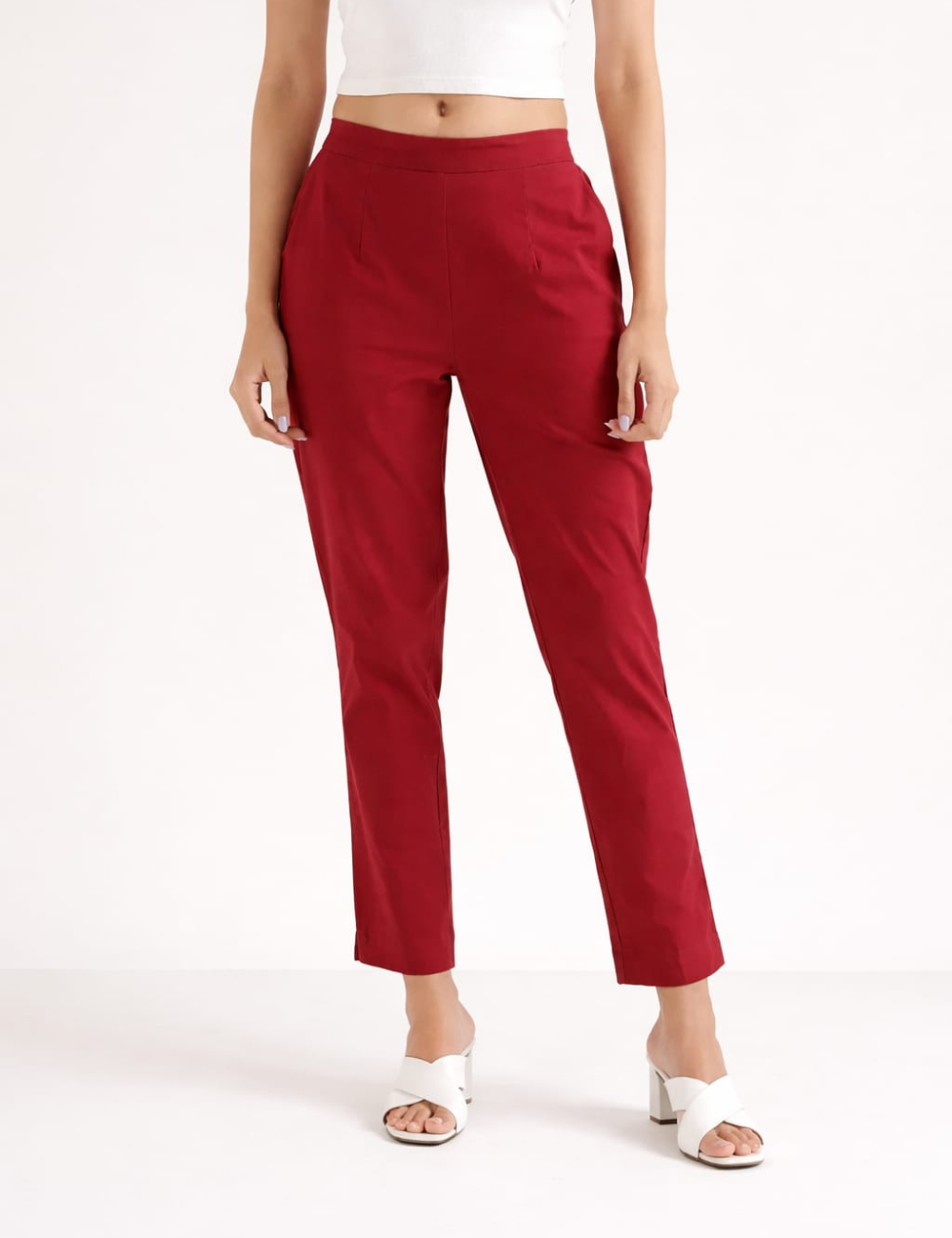 Women Maroon Cotton Straight Pant