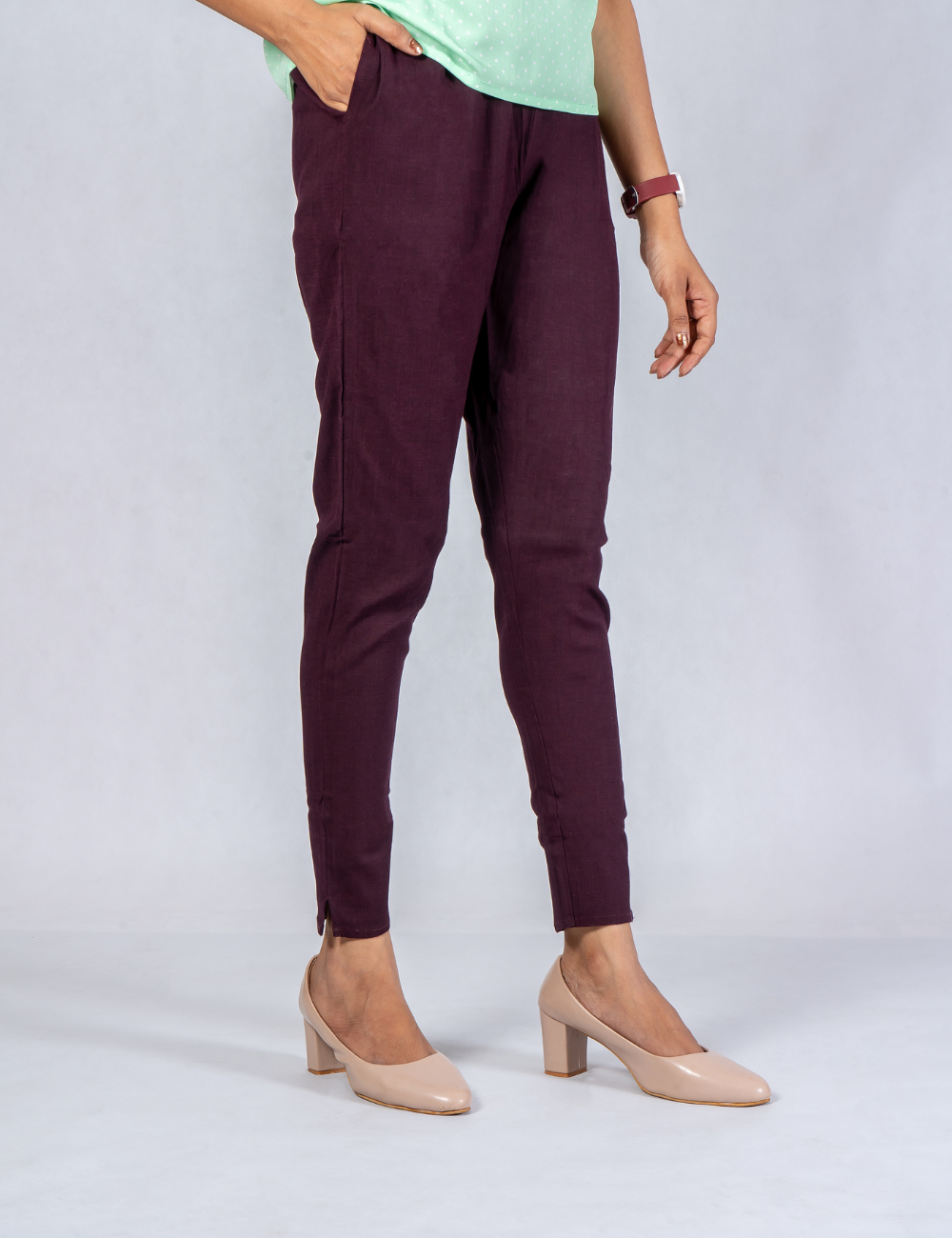 Women Wine Cotton Lycra Pant