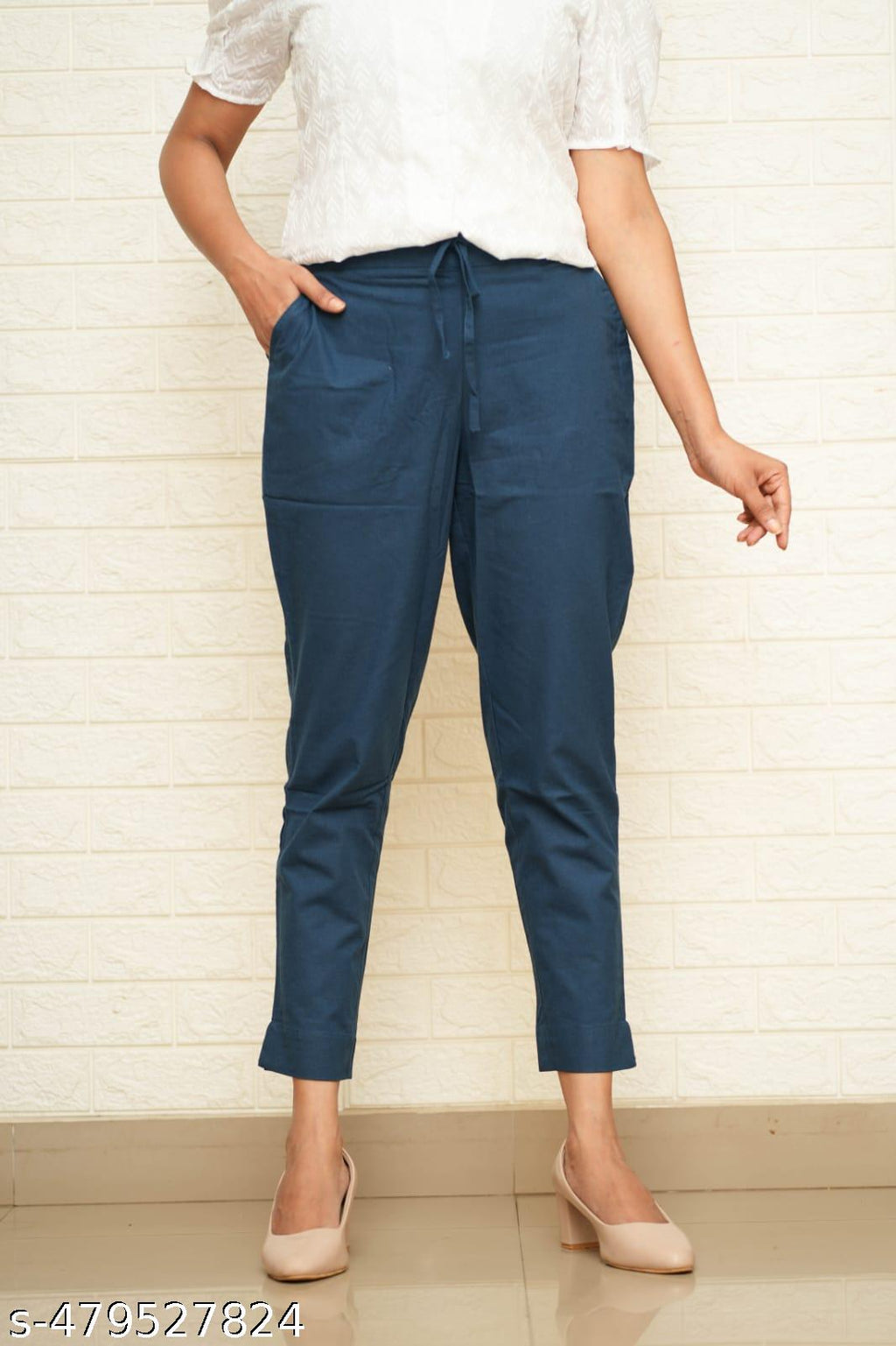 Women Peacock Blue Cotton Pant