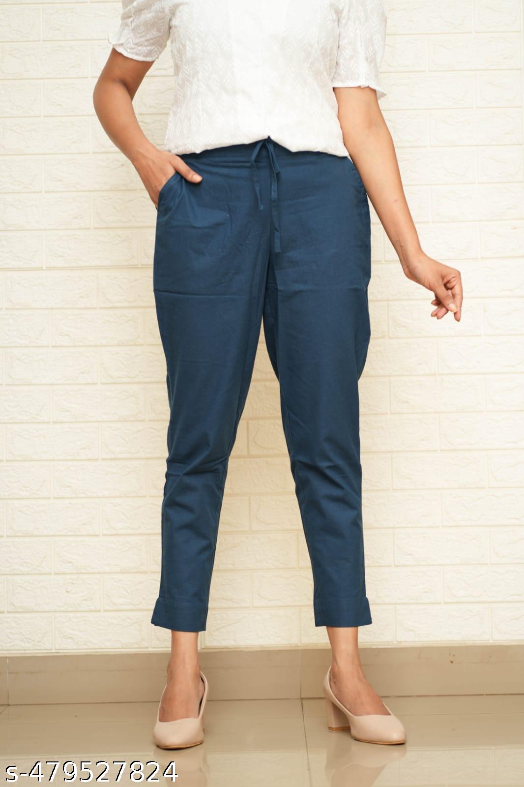 Women Peacock Blue Cotton Pant