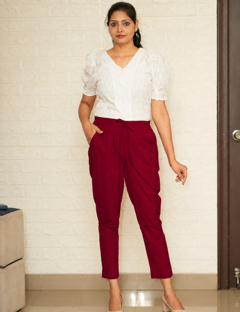 Women Maroon Cotton Pant