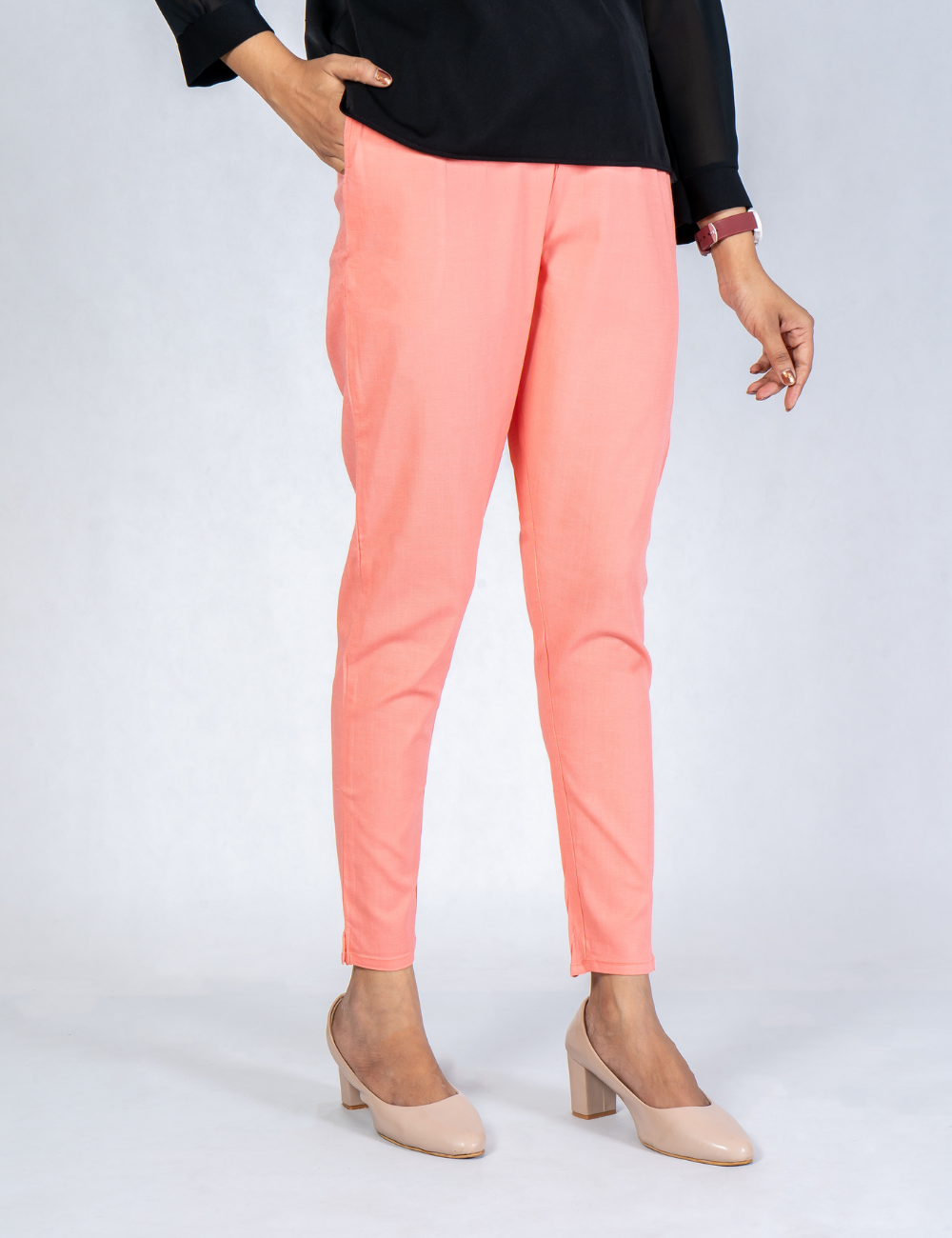 Women Peach Cotton Lycra Pant