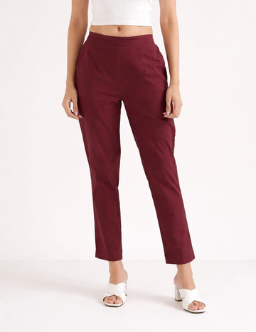 Women Wine Cotton Straight Pant