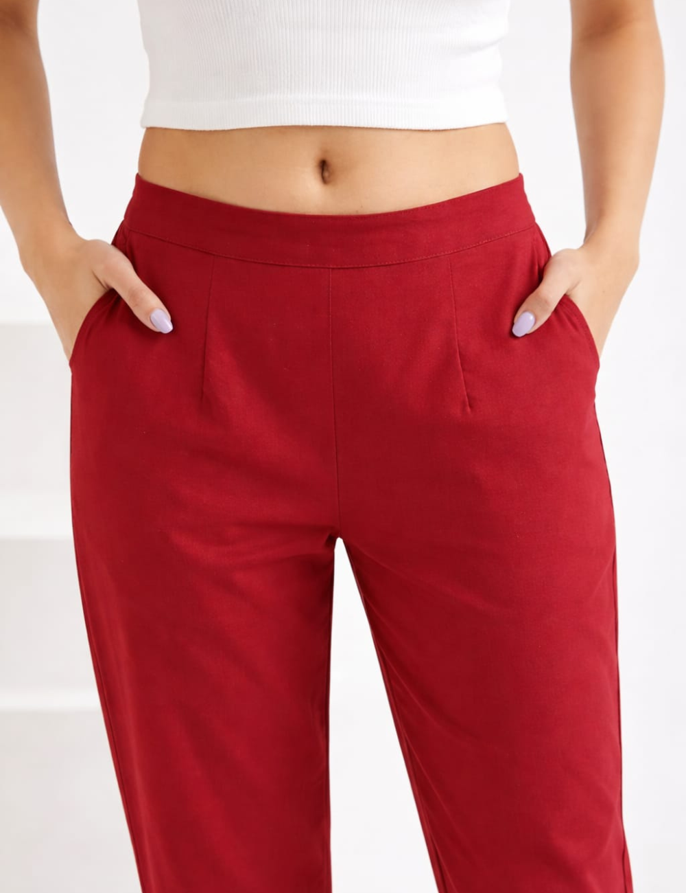 Women Maroon Cotton Straight Pant