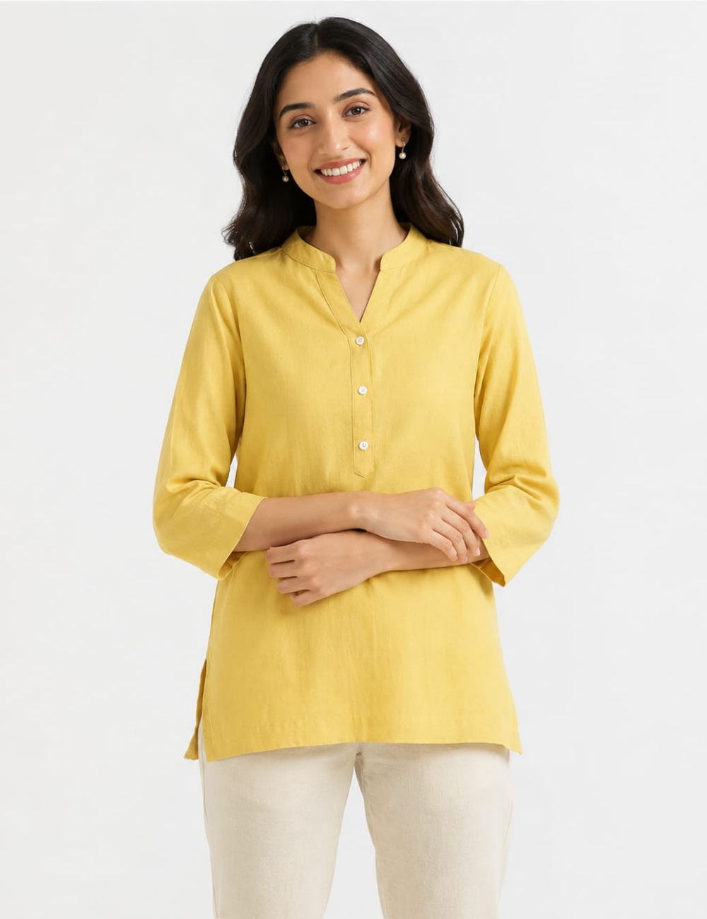 Womem Yellow Airy Linen Short Kurta