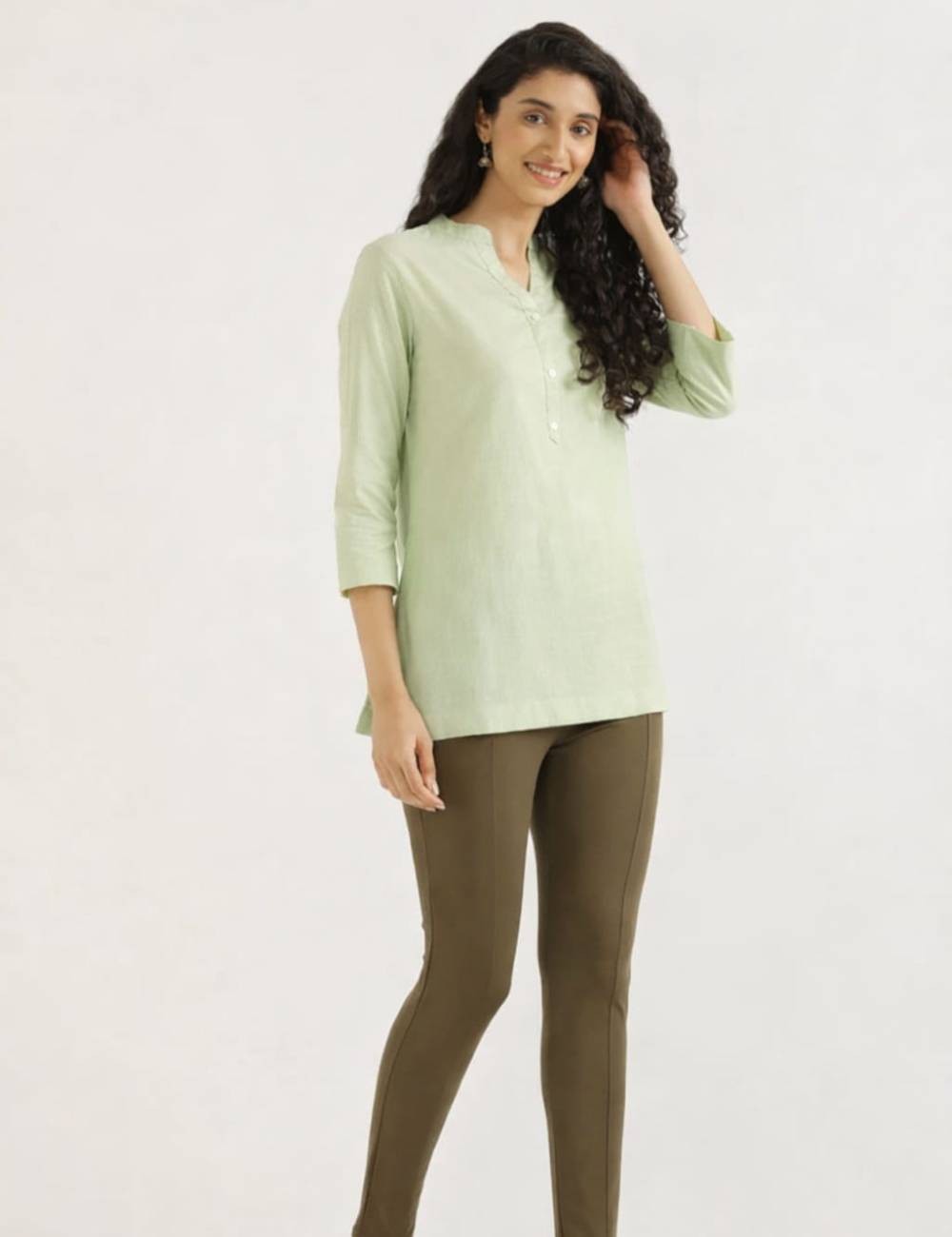 Womem Pista Green Airy Linen Short Kurta