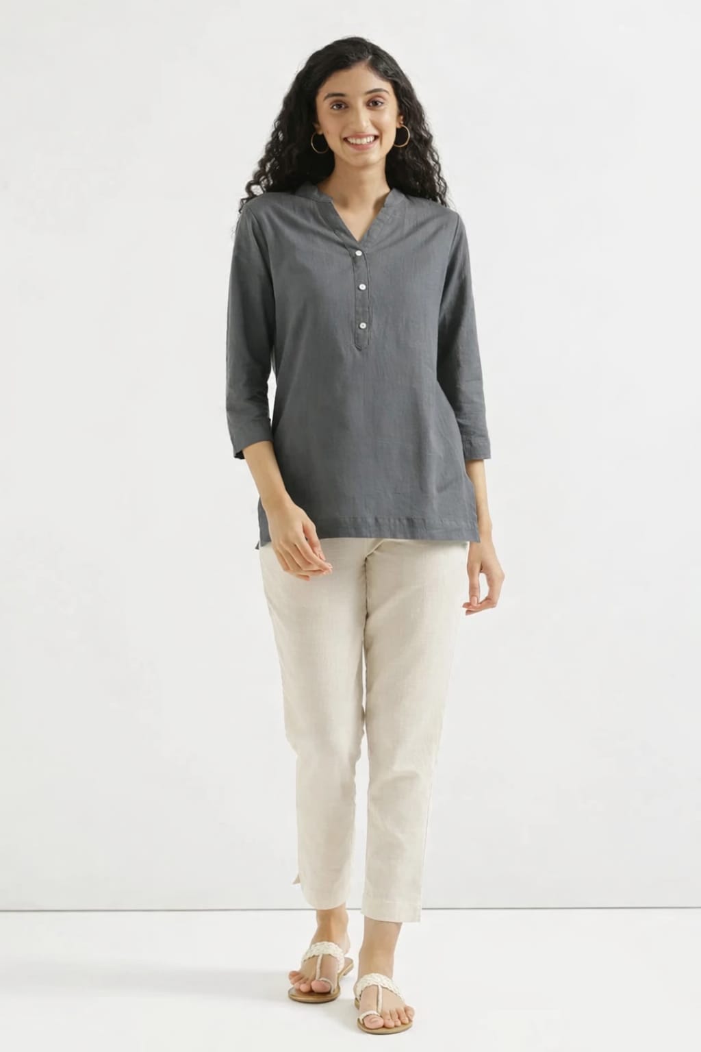 Women Elephant Grey Airy Linen Short Kurta