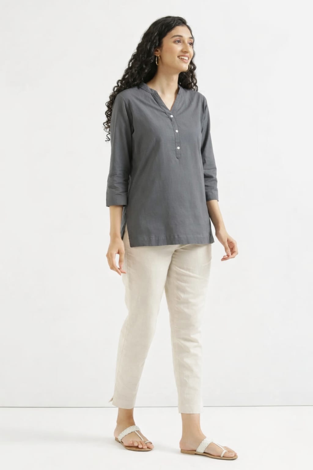 Women Elephant Grey Airy Linen Short Kurta