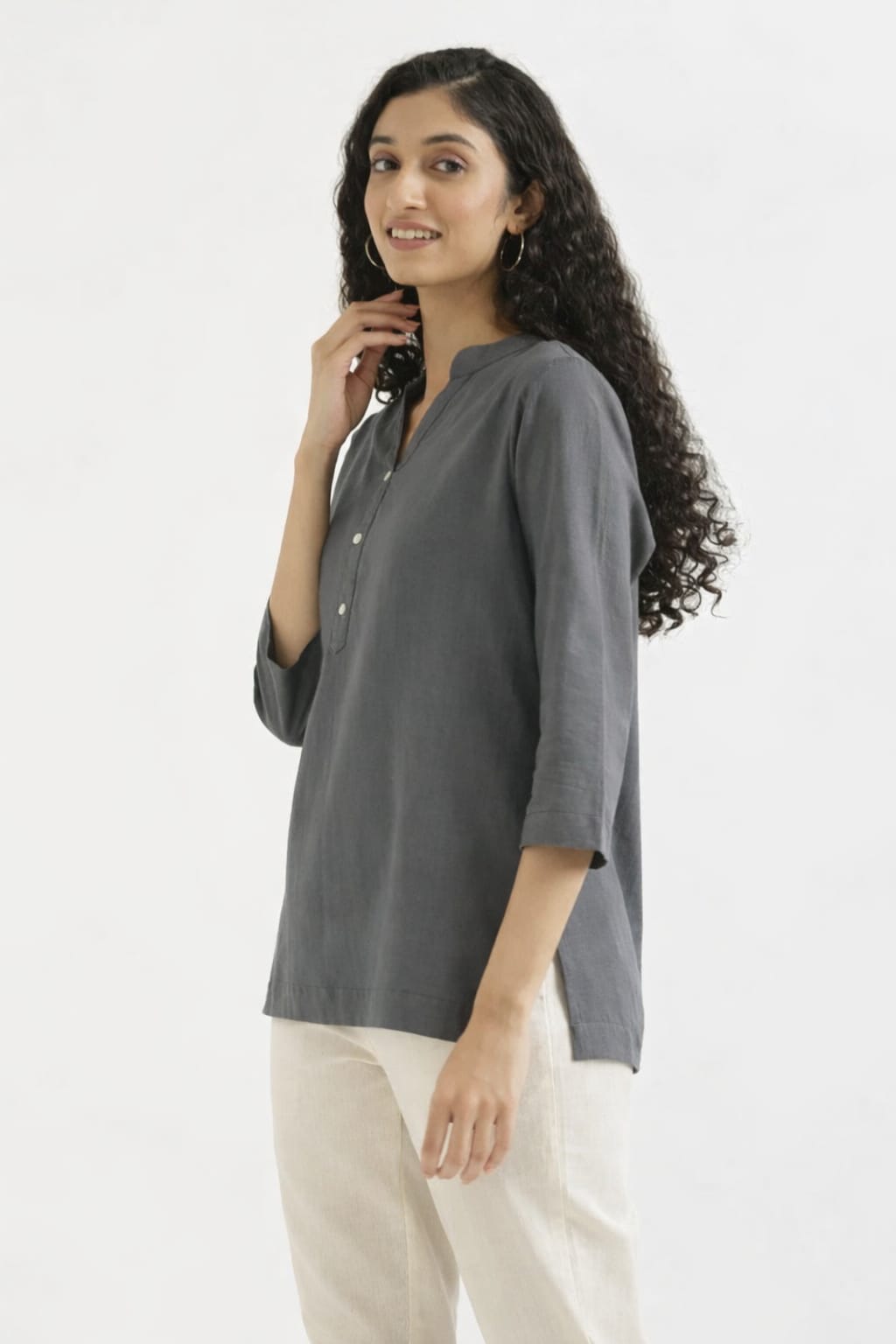 Women Elephant Grey Airy Linen Short Kurta