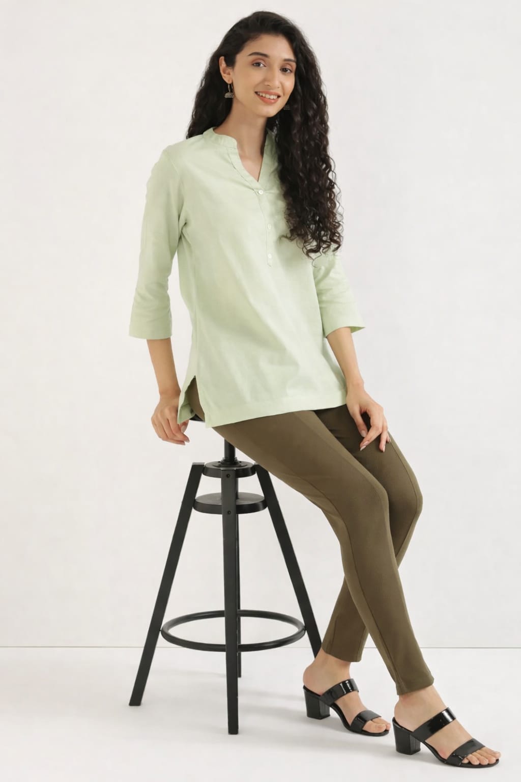 Airy Pista Green Linen Short Kurta