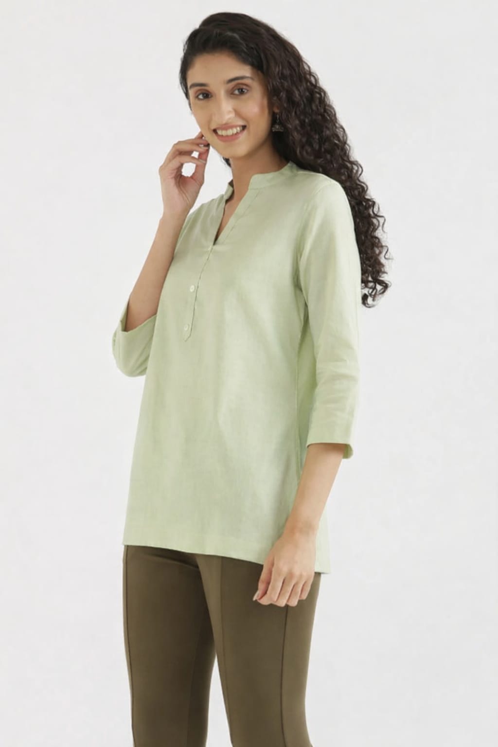Airy Pista Green Linen Short Kurta