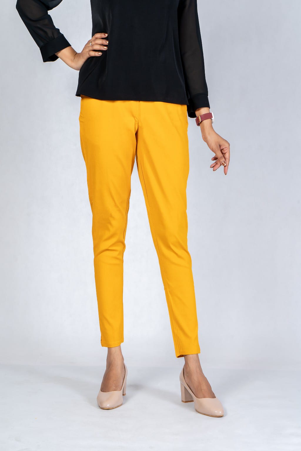 Women Mustard Yellow Cotton Lycra Pant